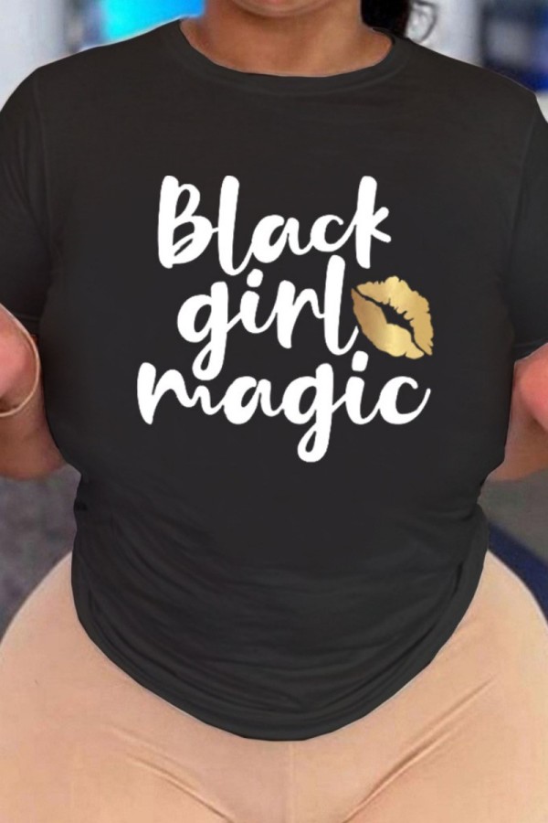Black Casual Letter Print Basic O Neck T-Shirts