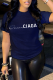 Navy Blue Street Daily Print Patchwork Letter O Neck T-Shirts