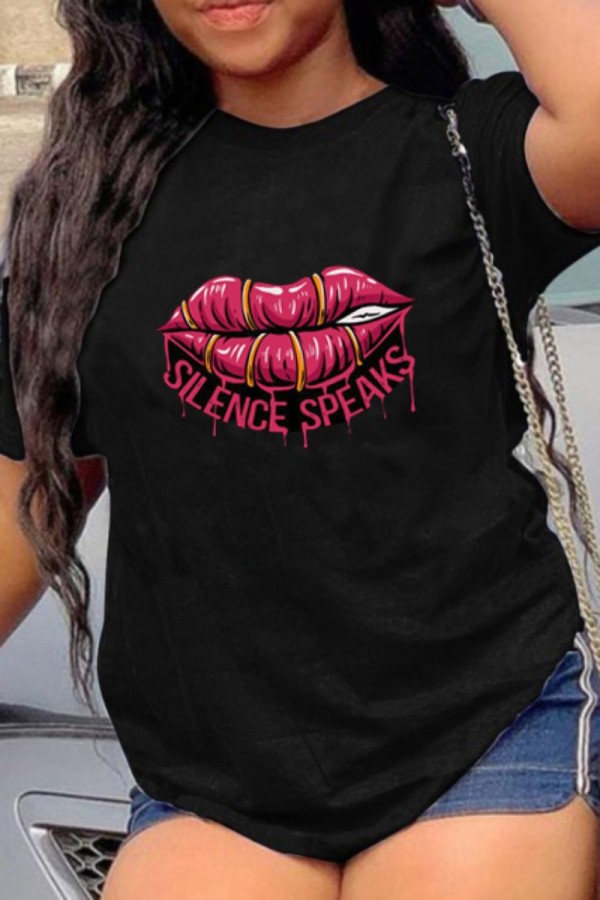 Black Casual Lips Printed Basic O Neck T-Shirts
