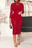 Red Sexy Solid Hollowed Out Patchwork O Neck Pencil Skirt Dresses