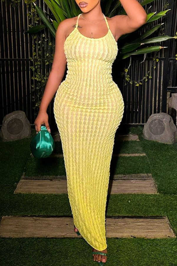 Yellow Sexy Solid Patchwork Spaghetti Strap Pencil Skirt Dresses