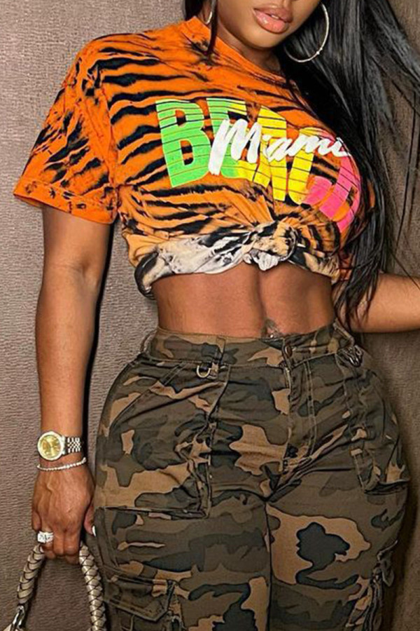 Tangerine Casual Street Print Patchwork O Neck T-Shirts
