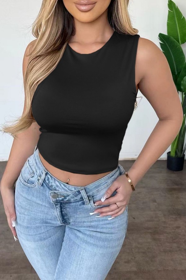 Black Casual Solid Basic O Neck Tops