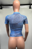 The cowboy blue Sexy Street Print Patchwork O Neck T-Shirts