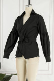 Blue Casual Solid Bandage Patchwork Asymmetrical V Neck Tops