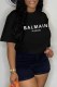 Black Casual Print Letter O Neck T-Shirts