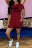 Red Casual Letter Print Basic O Neck Short Sleeve Two Pieces