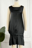 Black Casual Elegant Solid Patchwork Fold O Neck Dresses