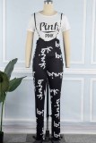 Peacock Blue Casual Print Letter O Neck Short Sleeve Two Pieces