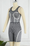 Grey Casual Sportswear Striped Print Patchwork O Neck Sleeveless Two Pieces