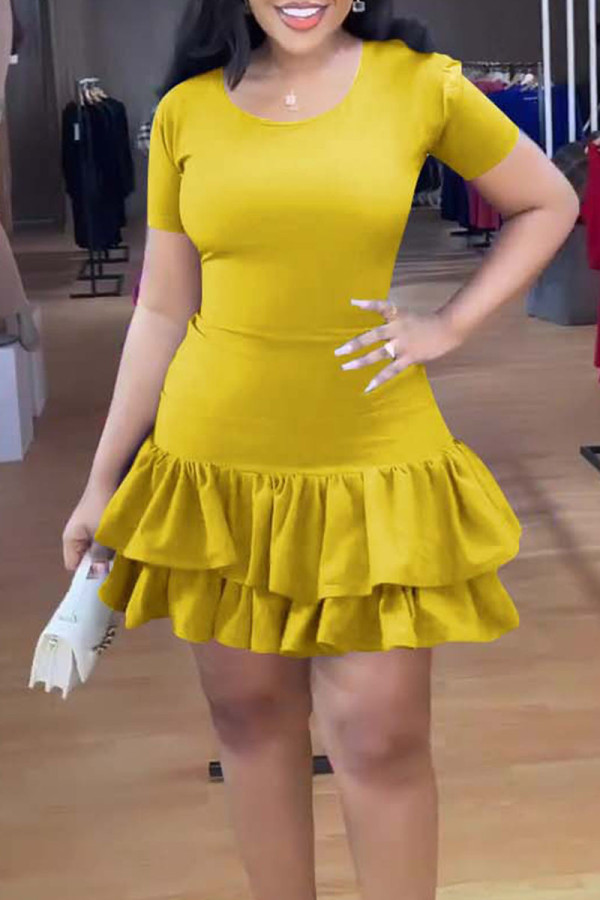 Yellow Sexy Solid Bandage Patchwork Flounce O Neck A Line Dresses