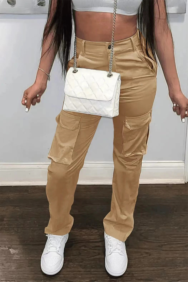 Khaki Street Solid Patchwork Harlan High Waist Harlan Solid Color Bottoms