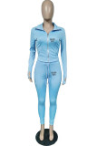 Sky Blue Casual Print Letter Zipper Collar Long Sleeve Two Pieces
