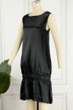 Black Casual Elegant Solid Patchwork Fold O Neck Dresses