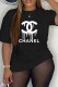 Black Casual Print Letter O Neck T-Shirts