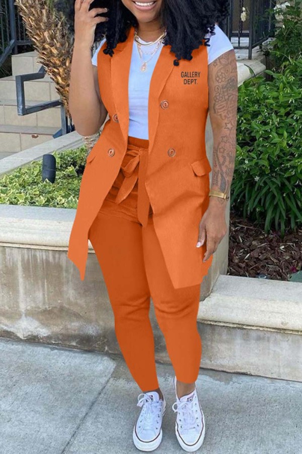 Tangerine Red Casual Letter Print Cardigan Pants Turn-back Collar Sleeveless Two Pieces (Without T-shirt)