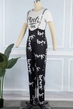 Peacock Blue Casual Print Letter O Neck Short Sleeve Two Pieces