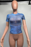 The cowboy blue Sexy Street Print Patchwork O Neck T-Shirts