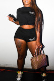 Black Casual Street Print Patchwork O Neck Short Sleeve Two Pieces