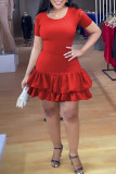Red Sexy Solid Bandage Patchwork Flounce O Neck A Line Dresses