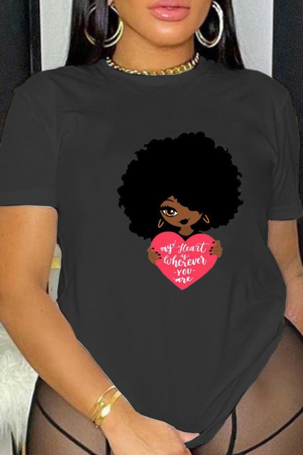 Black Casual Print Basic O Neck T-Shirts