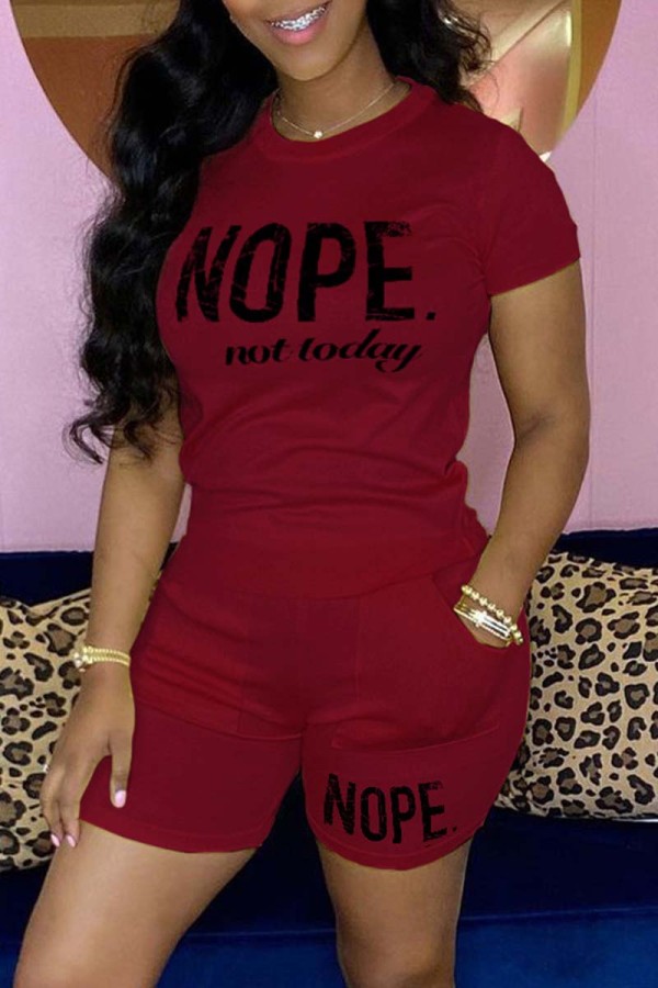 Burgundy Casual Letter Print Basic O Neck Short Sleeve Two Pieces