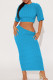 Sky Blue Street Solid Patchwork O Neck Short Sleeve Two Pieces