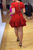 Red Sexy Solid Bandage Patchwork Flounce O Neck A Line Dresses