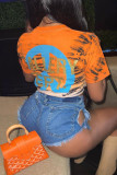 Tangerine Casual Street Print Patchwork O Neck T-Shirts