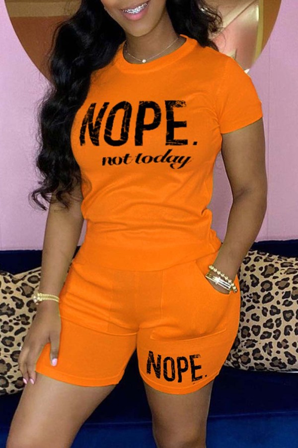 Orange Casual Letter Print Basic O Neck Short Sleeve Two Pieces
