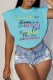 Light Blue Casual Street Print Letter O Neck T-Shirts
