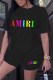 Black Casual Print Letter O Neck Short Sleeve Two Pieces