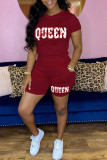 Red Casual Letter Print Basic O Neck Short Sleeve Two Pieces