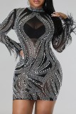 Black Sexy Patchwork Hot Drilling See-through Half A Turtleneck Long Sleeve Dresses