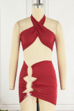 Red Sexy Solid Bandage Hollowed Out Patchwork Halter Sleeveless Two Pieces