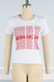 White Casual Print Patchwork O Neck T-Shirts