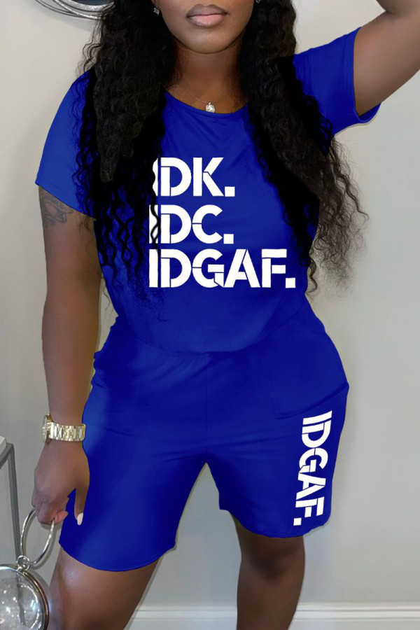 Blue Casual Letter Print Basic O Neck Short Sleeve Two Pieces