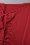 Red Sexy Solid Bandage Hollowed Out Patchwork Halter Sleeveless Two Pieces