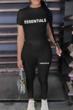 Black Street Print Letter O Neck Short Sleeve Two Pieces