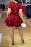 Burgundy Sexy Casual Solid Flounce O Neck Cake Skirt Dresses