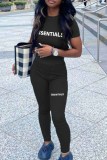 Black Street Print Letter O Neck Short Sleeve Two Pieces