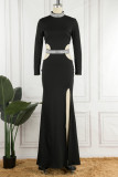 Black Sexy Solid Hollowed Out Patchwork Slit Hot Drill Half A Turtleneck Evening Dress Dresses