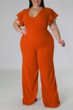 Orange Casual Solid Basic V Neck Plus Size Jumpsuits