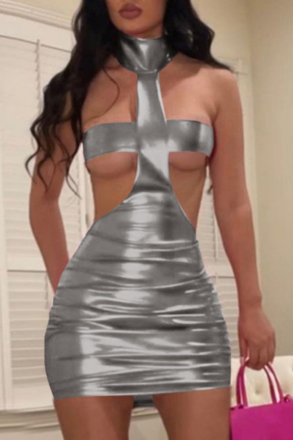 Silver Sexy Solid Patchwork Backless Asymmetrical Turtleneck Sleeveless Dress Dresses