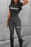 Black Street Print Letter O Neck Short Sleeve Two Pieces