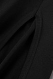 Black Sexy Solid Hollowed Out Patchwork Slit Hot Drill Half A Turtleneck Evening Dress Dresses