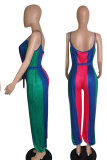 Red Casual Striped Patchwork Spaghetti Strap Plus Size Jumpsuits