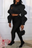 Black Casual Solid Patchwork O Neck Tops