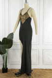 Black Sexy Patchwork Hollowed Out Backless Slit Spaghetti Strap Long Dress Dresses