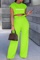 Fluorescent Green Casual Letter Print Basic O Neck Two Pieces
